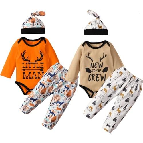 3Pcs Baby Girls Boys Outfit, Long Sleeve Round Collar Letter Romper + Little Fawn Tree Printing Long Pants + Cap Set