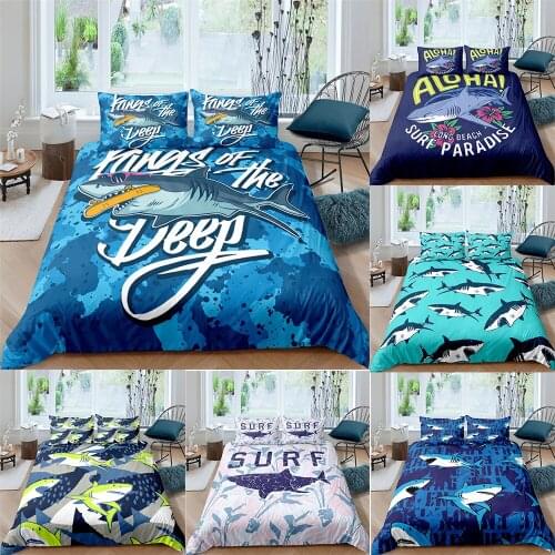 3D Cartoons Sharks Bedding Set Blue Shark Duvet Cover Comforter Bed Cover Set De Bedclothes Quilt Set Bed Set Queen Size