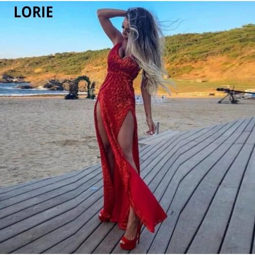 LORIE Red Sequin Evening Dresses Formal Simple Sexy Open Back V-neck Prom Gown Long Celebrity Dresses with Double Split 2020