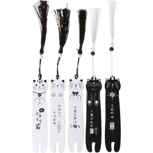 Cute Cartoon Cat Wooden Bookmark Book Page With Tassel Student Stationery School K5DB