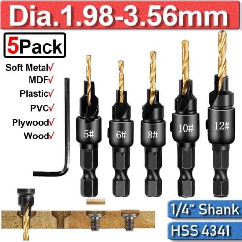 5Pcs 6-12# Carpentry Countersink Drill Bit Set 1/4" Hex Shank HSS Woodworking Pilot Screw Holes Countersink Drill Bit Set D30