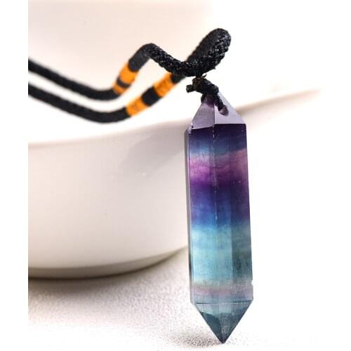 Natural Rainbow Fluorite Necklace Single Point Hexagonal Prism Pendant Striped Crystal Fluorite Necklace Health Energy Stone 1PC