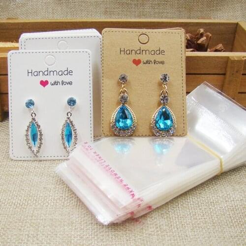 Wholesale white /kraft earring packing card handmade with love print jewelry products paper cards 100pcs +100opp bag