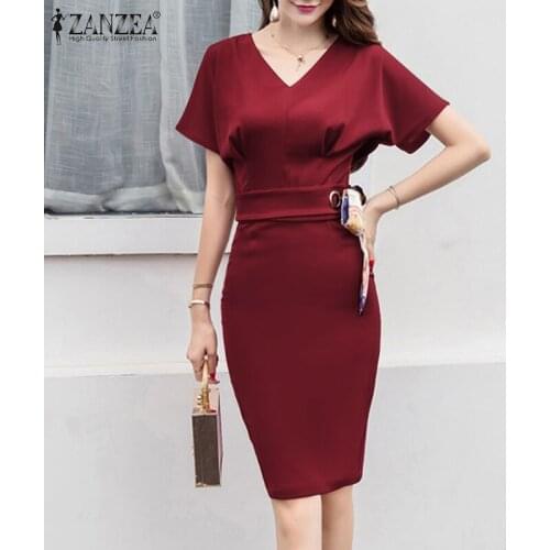 ZANZEA Summer Bodycon Dress Elegant Women V Neck Slim Fit Pencil Vestidos Casual Solid Short Sleeve Office Work Midi Sundress