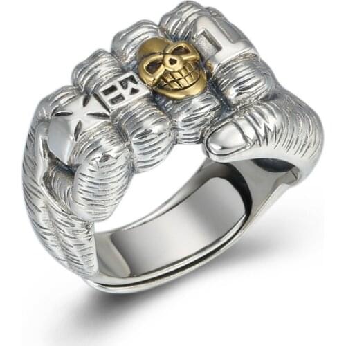 S925 sterling silver fist ring for man women real silver creative skull power fist male female domineering open ring jewelry