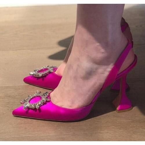Moraima Snc Crystal Embellished High Heel Shoes Pointed Toe Woman Pumps Sexy Slingback Party Dress Shoe Black Blue Rose Pink