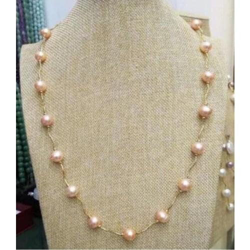HOT SELL 20inch real natural Freshwater baroque pink 9-10mm pearl necklace 14k clasp