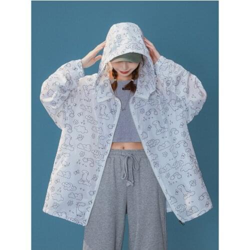 White Cartoon Lovely Blue Pink Plus Size Women Jacket Hooded Sweet Casual Loose Female Sunscreen Outerwear Spring Autumn Summer