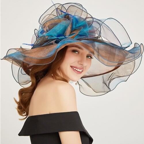 Women Organza Hats Ladies Tea Party Wedding Large Wide Brim Fascinator Vintage Hat