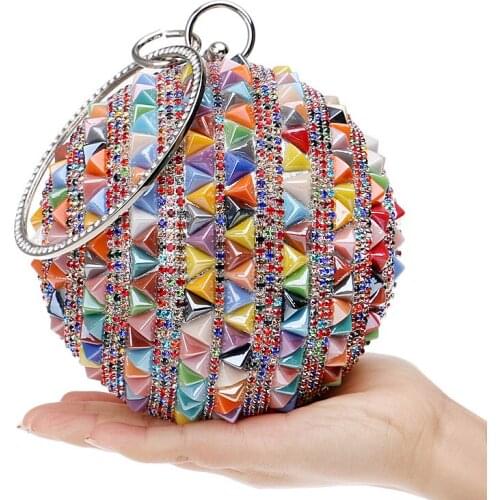 Ball Colorful Diamond Women Party Handbag Metal Handle Crystal Evening Wedding Bridal Clutches Wristlets Bag