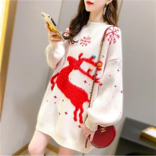 Womens Autumn Winter Korean Style Oversized Christmas Knitted Sweater Cartoon Elk Embroidery Long Sleeve E-Girls Knitwear
