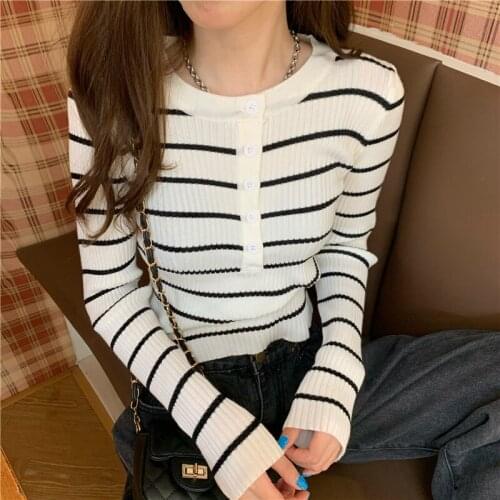 2021 New Fashion Stripe Slim Long Sleeve Knitted Sweater Womens Versatile Thin Bottomed Top