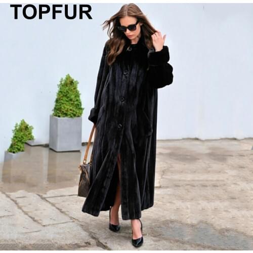TOPFUR Natural Real Mink Fur Long Coat Turn-Down Collar Real Fur Coat For Women New Fashion Outerwear Long Black Clothing
