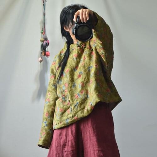 Women Loose Ramie Padded Coat Short Outerwear Tops Parkas Female Vintage Print Parkas Female 2020 Winter Parkas Coat