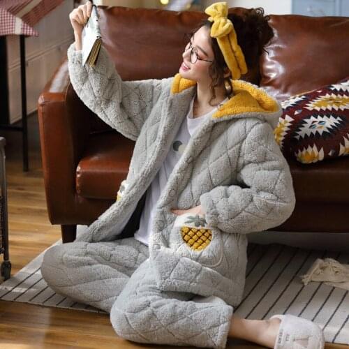 Winter pajamas womens coral fleece padded warm home clothing set Home Flannel Sleepwear Fashion Satin Soft Plush Nightwear