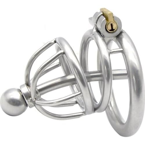 2107 Latest Dormant Lock Short Male Stainless Steel Cock Penis Cage With Catheter Chastity Belt Device Ring BDSM Sex Toy A229-1