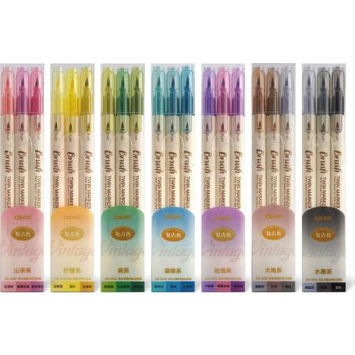 3 Pcs Retro Color Brush Marker Pens Set Double Side Thin Liner Water-based Blendable Paint Art Markers School Supplies