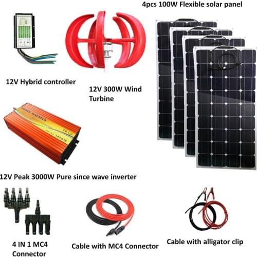 700W Wind Solar Power System: 400W flexible panel,300W Wind Turbine Generator,peak 3000w pure since wave inverter, controller