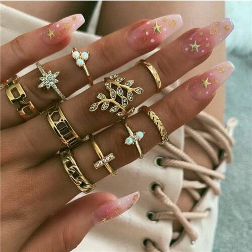 9 Pcs/set Bohemia Women Fashion Gold Star Crystal Leaves Ring Vintage Hollow Geometric Opal Crystal Ring Set Jewelry Accessories