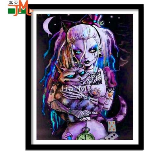 Diamond Embroidery Cartoon Skull Girl And Cat 5D Diy Diamond Painting Mosaic Square Round Drill Rhinestone Children Decor Gift
