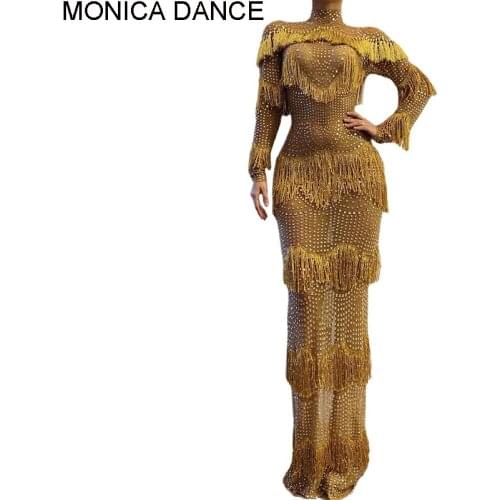 Women Sexy Stage Rhinestones Sexy Tassel Long Birthday Dress Skinny Party Prom Outfit Nightclub Bar Singer Dance Stage Costume