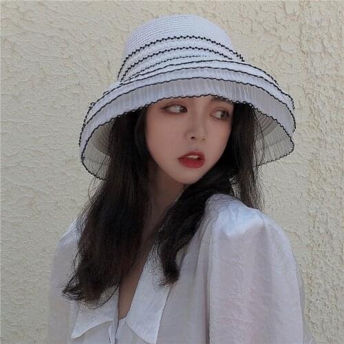 Elegant Womens Summer Hat Dome Sun Protection Cap Female Pleated Lace Wide Brim Hat Sun Hats Sun Visor Beach Hat Lace Straw Hat