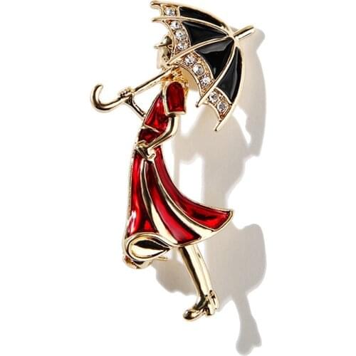 Enamel Crystal Rhinestone Girl Wearing Umbrella Collar Brooch Pins Jewelry Gift