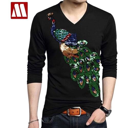 Mens Creative Sequined Tops & Tees 2021 Fashion Elegant Long Sleeve T Shirts Male Summer Cotton Peacock Pattern Top Femme S-5XL