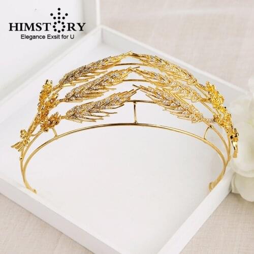 Himstory Bling Retro Gold Wheat Leaves Hair Tiara Crown Zircon Cubic Copper Bridal Wedding Party Hair Accessories Headpiece