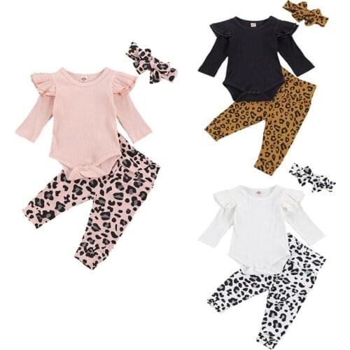 3Pcs Set Toddler Baby Girl’s Fall Clothes Flying Sleeve Cotton Long Sleeve Jumpsuit+Leopard Trousers+Headband Toddler Suit