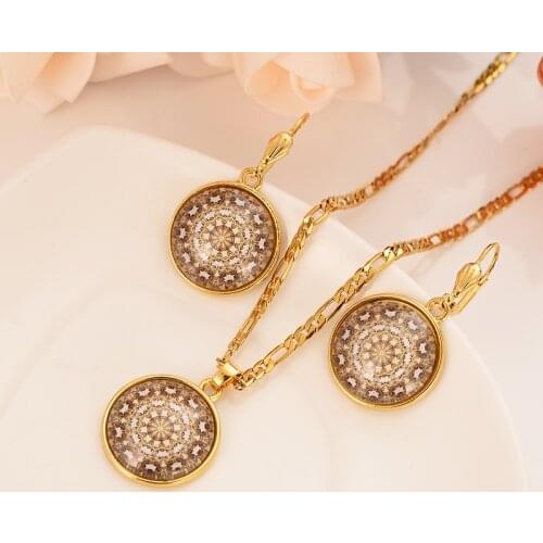 Gold crystal totem religious coin belief personality set woman/girl necklace earring set wedding bride jewelry holiday gift set