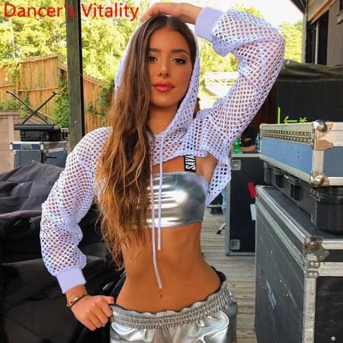 Bar DS Performance Costume Black White T-shirt Sexy Perspective Mesh Short Blouse Casual Hoodie Top Nightclub Pole Jazz Dancewea