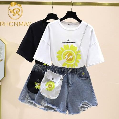 Summer 2 Piece Set Women Loose Short Sleeve Printed T-shirts + High Waist Shorts Denim Clothes Set Casual Suits Outfits With Bag
