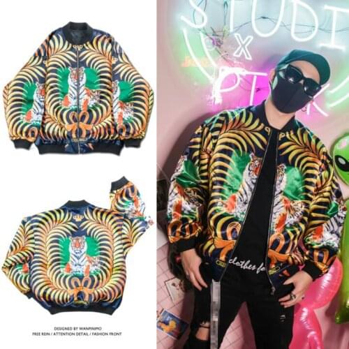 Hot New Brand male singer Satin zipper jacket hip-hop DS personality costumes night tiger Loose baseball jacket Coats A387