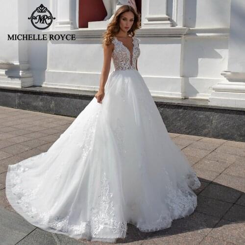 Michelle Royce A-Ling Wedding Dresses 2020 Sexy Deep V-Necklinhe Appliques Zipper Chapel Train Bridal Gowns Vestido De Noiva