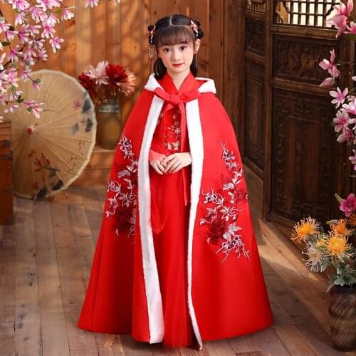Winter New Embroidery Girls Hanfu Cape Long Cloak Chinese Children Ancient Style Mantle Kids New Years Wear Keep Warm