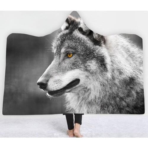 Wolf Sherpa Hooded Blanket Animal Sofa Throw Blanket Warmth Soft Air Conditioning Blanket Hood Comfort Machine Wash Blankets