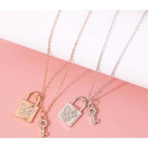 New 2020 Zircon Key Lock Butterfly Necklaces for Women Gold Color Pendant Necklace Fashion Jewelry Wedding Gifts Drop Shipping