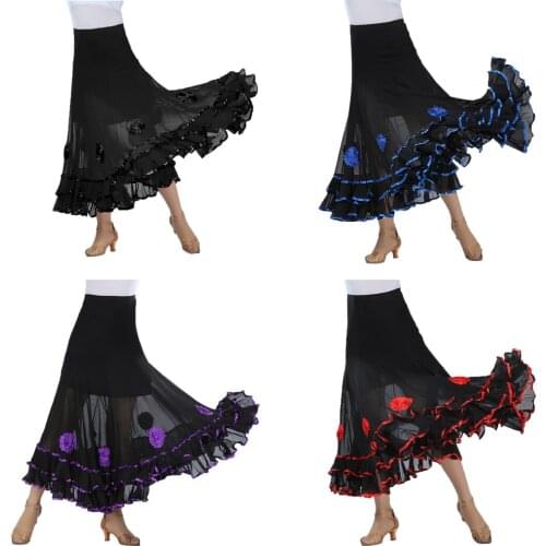 Flamenco Ballroom Dance Skirt Flower Full Swing Latin Dress Waltz Costumes