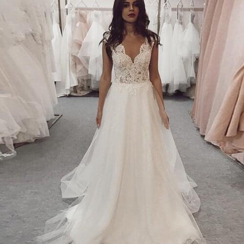 Eightree Deep V-neck Wedding Dresses A-line Lace Appliques Beach Wedding Gowns Backless Vintage Bridal Dress Vestido De Noiva