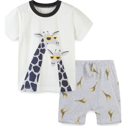 Jumping Meters New Summer Giraffes Print Boys Girls Clothing Sets Cotton Shorts + Tops Baby Outfits Suits For Children