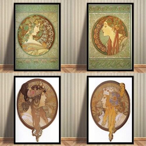 Olive branch Slavic goddess Alphonse Maria Mucha girl retro poster canvas painting bar home decoration gift