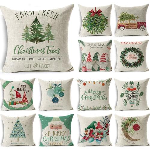 Cartoon watercolor Christmas pillowcase linen decoration Christmas gift cushion cover suitable for car sofa pillowcase 45cm*45cm