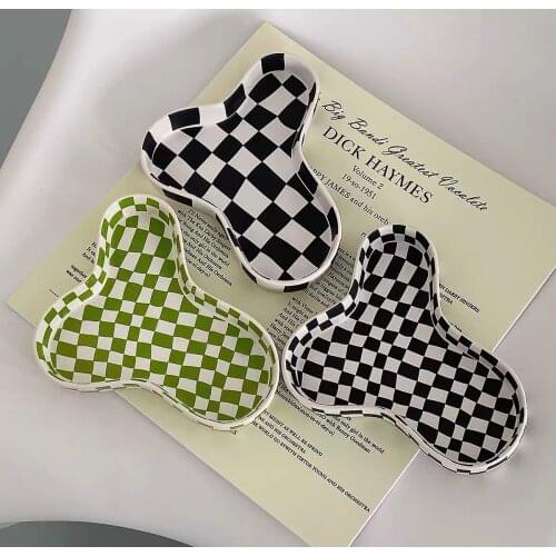 Checkerboard Black White Green Lattice Ceramic Ins Style Jewelry Candle Tray Ornaments Food Storage Plate Decoration Dish