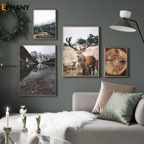 Scandinavian Reflect Lake Nature Nordic Landscape Canvas Poster Wild Deer Wall Art Print Painting Picture for Living Room Decor
