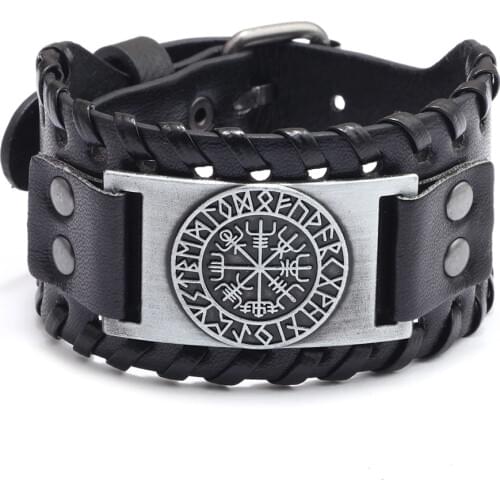 Nordic Viking Designer Alloy Charm Bracelet Male Wide Leather Weave Adjustable Wristband Cuff Bangle Men Punk Jewelry