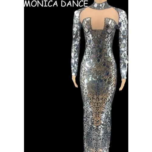 Sexy Silver Mirrors Black Mesh Dress Birthday Celebrate Transparent Shining Long Dress Prom Bar Lady Dancer Nightclub Costume