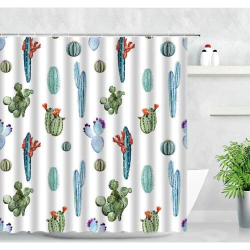 Tropical Plant Cactus Shower Curtains Set Creative Cartoon Water Color Art Children Bathroom Decor Partition Curtains With Hooks