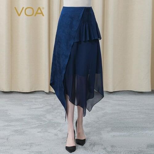 VOA 38m/m Jacquard Natural Waist Georgette Stitching Asymmetric Fold Three-dimensional Decoration Refreshing Elegant Skirt CE78
