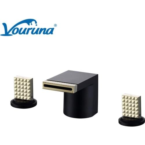 Vouruna Modern Luxurious 3 Holes Bathroom Faucet Black&White&Golden 8 inch Widespread Wash Basin Mixer Tap Solid Brass